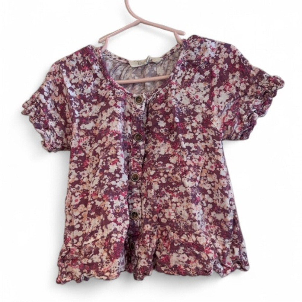 Jessica Simpson Girl Pink Floral Boho Blouse Flutter Sleeve Button Front Top 5/6